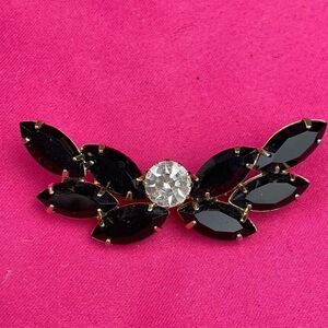 Vintage Black Rhinestone Gold Plated Pin Brooch w/ Clear Rhinestone Center